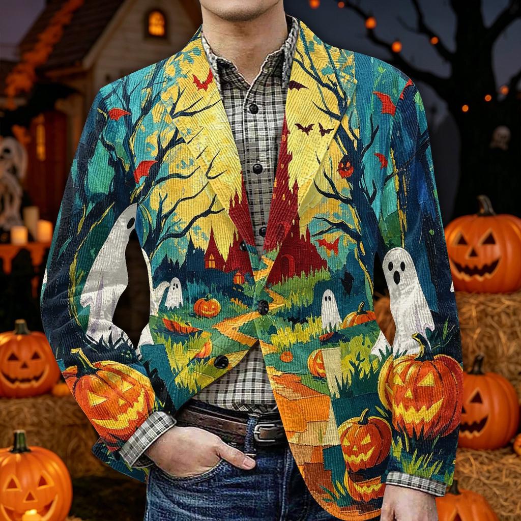 Men's Corduroy Blazer Jacket with Pockets Halloween Themed Print Warm Casual Suit Coat Cardigan for Men