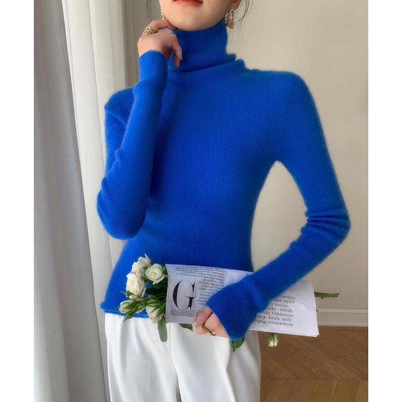 Women's Slim-Fit Ribbed Cashmere Sweater - Solid Color, High-Neck, Knitted Top for Autumn/Winter