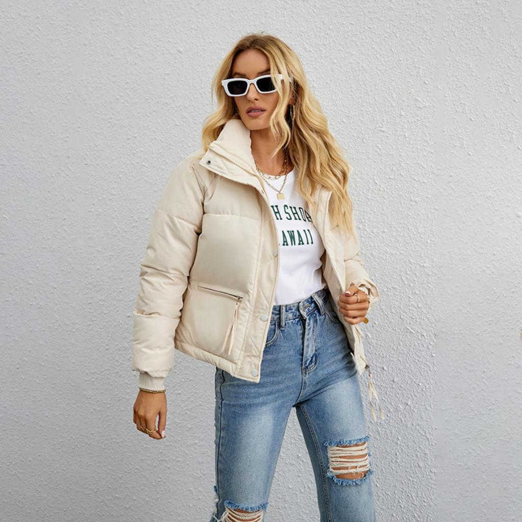 Women's Oversized Cropped Stand Collar Padded Jacket, Casual Zip Up Puffer Coat, Korean Style European American Winter Outerwear for Petite