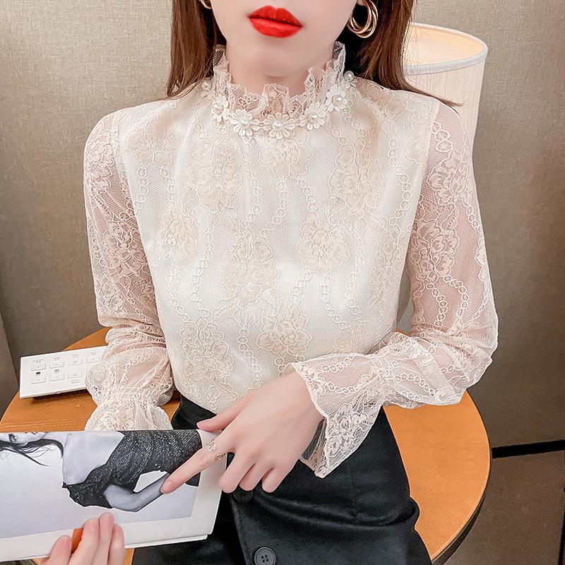 2025 Autumn/Winter Women's Elegant Chiffon Blouse: Korean & European Style, Plus Velvet, Thickened Lace Shirt