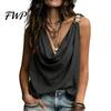 Tank Tops Women Vest V-Neck Sleeveless Loose Fit Camisole with Pleated Date Night Front Asymmetrical Collar Metallic Detail Ruffled Party Wear