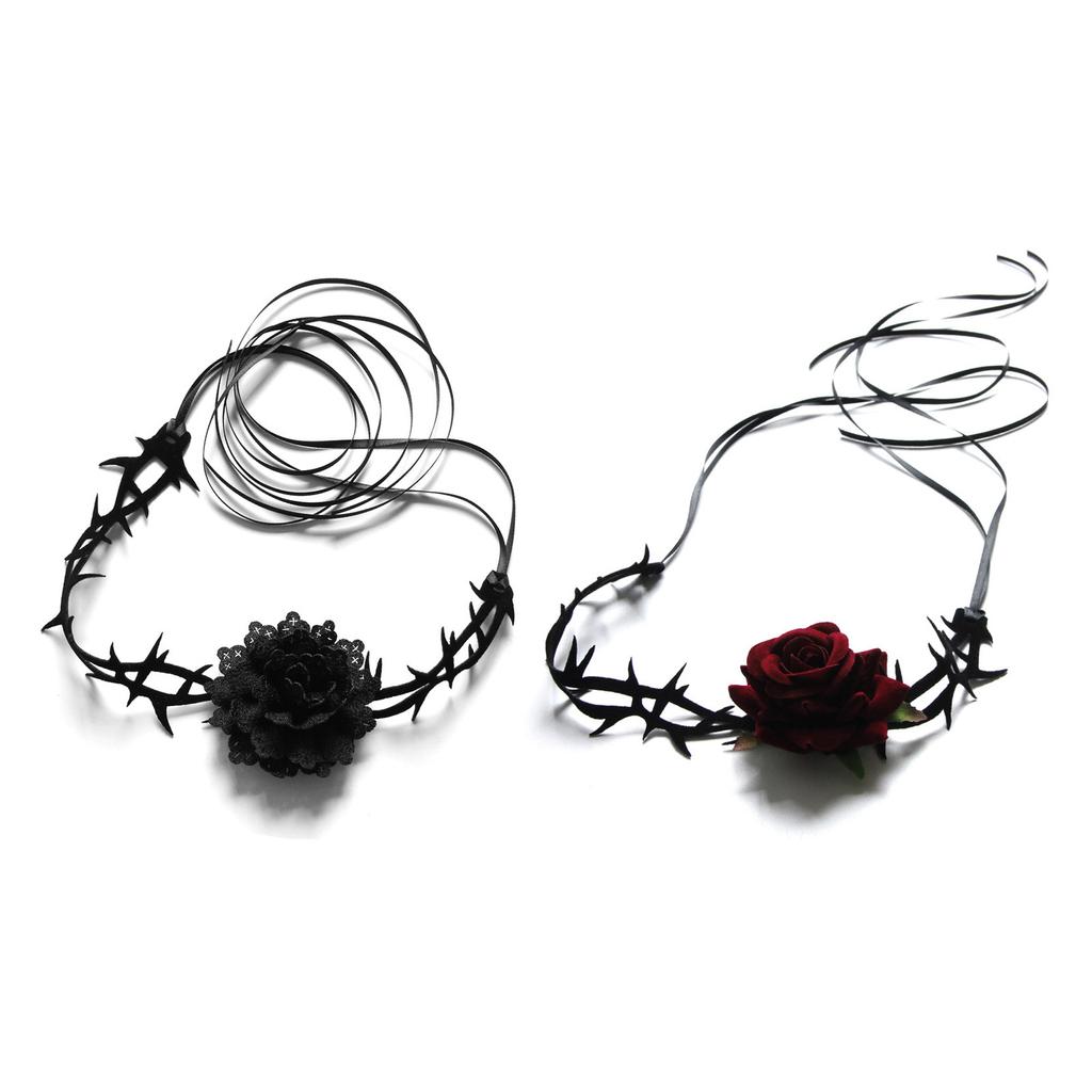 Retro Rose Clavicle Chain Necklace Thorny Rose Collar Ornament Sext Velvet-Belt Choker Gothic Collar Choker Necklace