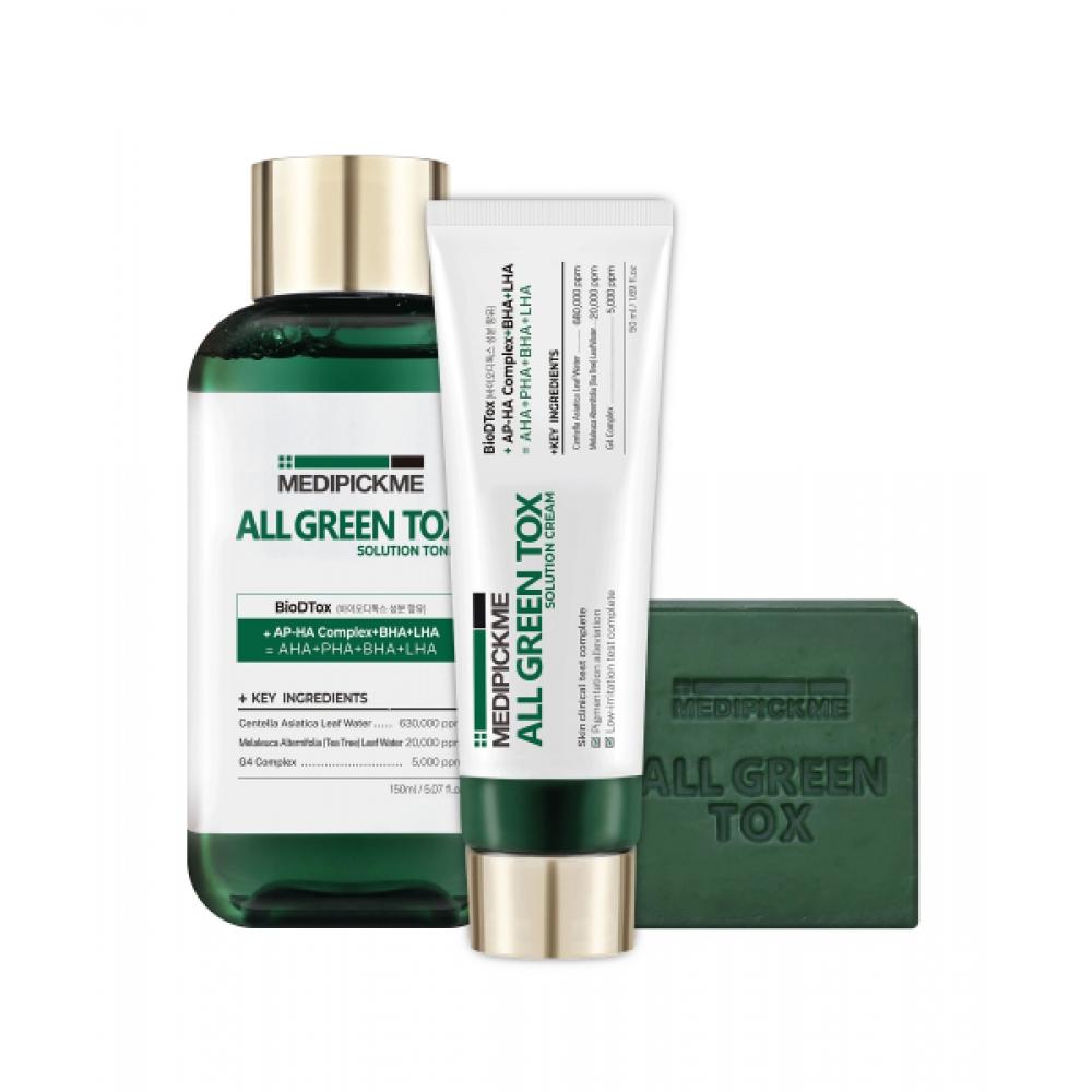 Medipickme Sensitive Skin Intensive Cica Care All Green Tox Solution Set Of 3 150ml Toner+50ml Cream+90g Cleansing Bar