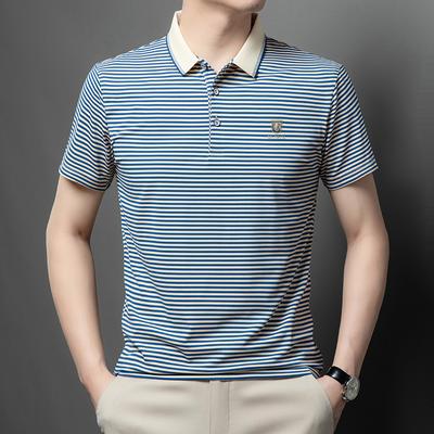 Men's Short Sleeve Cotton T-shirt Summer Stripes Loose Half-Sleeved T-shirt Business Polo Shirt Trendy Men