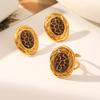 Geometric Leopard Print Stainless Steel Ring & Vintage Stud Earrings Jewelry Set for Women