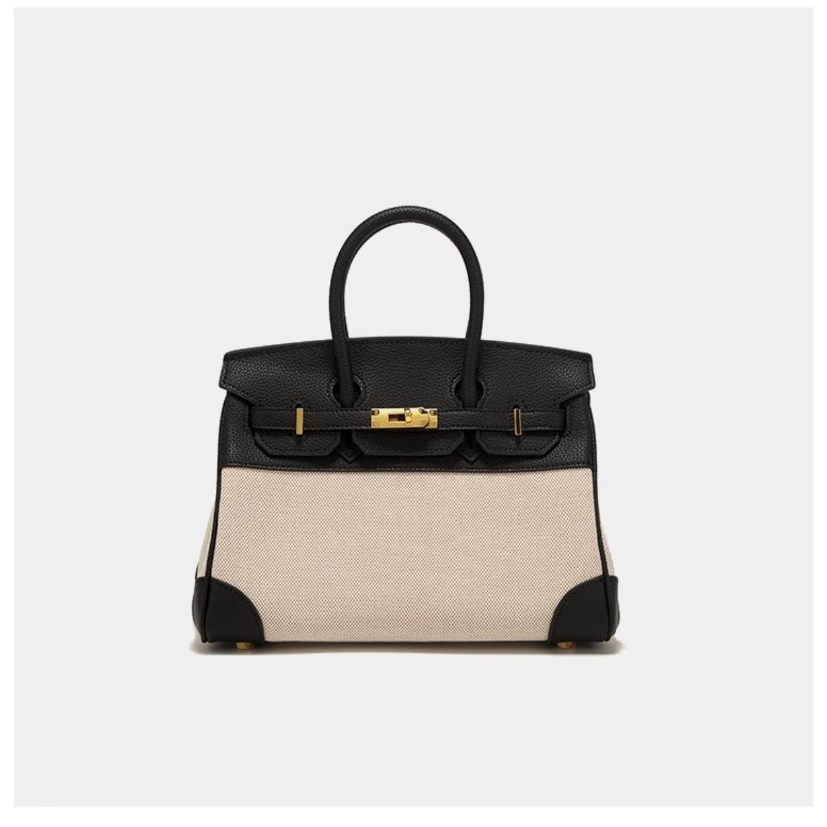 2025 Новая контрастная платиновая сумка высококачественная женская сумка-тоут для работы холщовая кожаная большой вместимости оптом 25*12*18CM чёрный