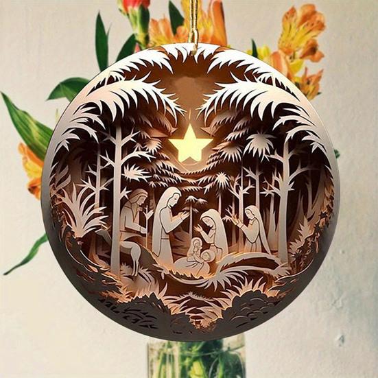 12 Pcs Nativity Scene Ornament Round Wooden Birth of Jesus Christian Keepsake Religious Hanging Pendant for Christmas Home Car Decor