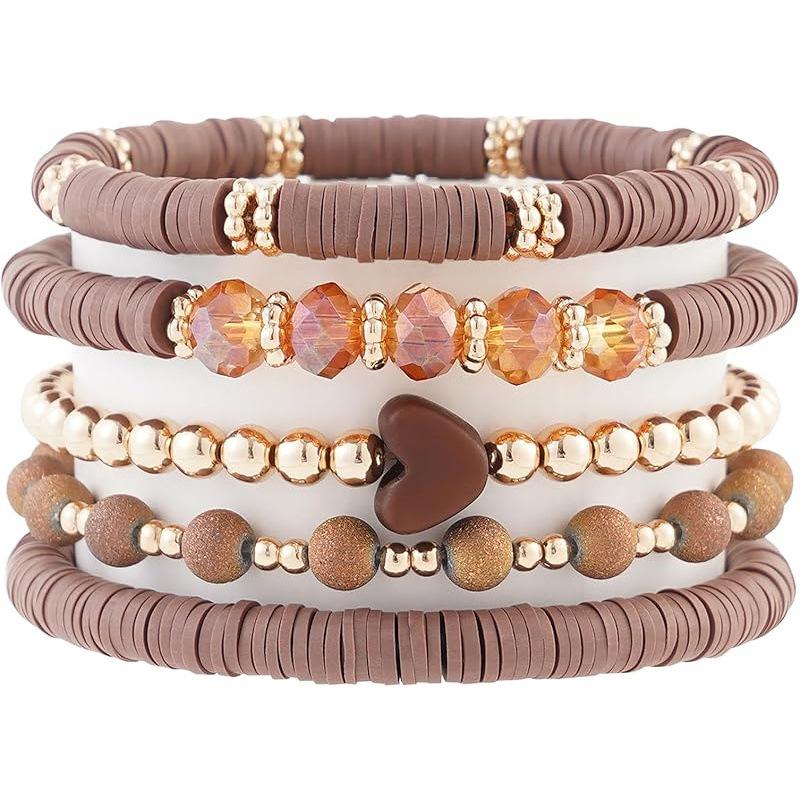 

Набор из 5 шт./компл. Элегантный серый браслет из многослойных бусин в форме сердца из мягкой керамики, эластичный браслет из искусственного кристалла, подходит для повседневной носки дамам, для свиданий