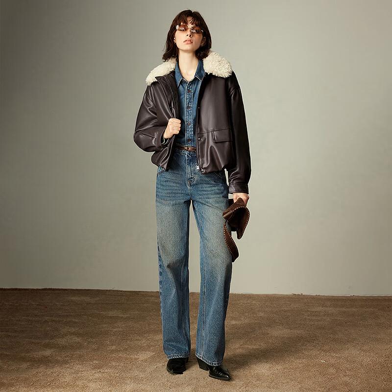 Chuyu Damen Winter Jacke mit Kragen aus Kunstfell und PU-Leder