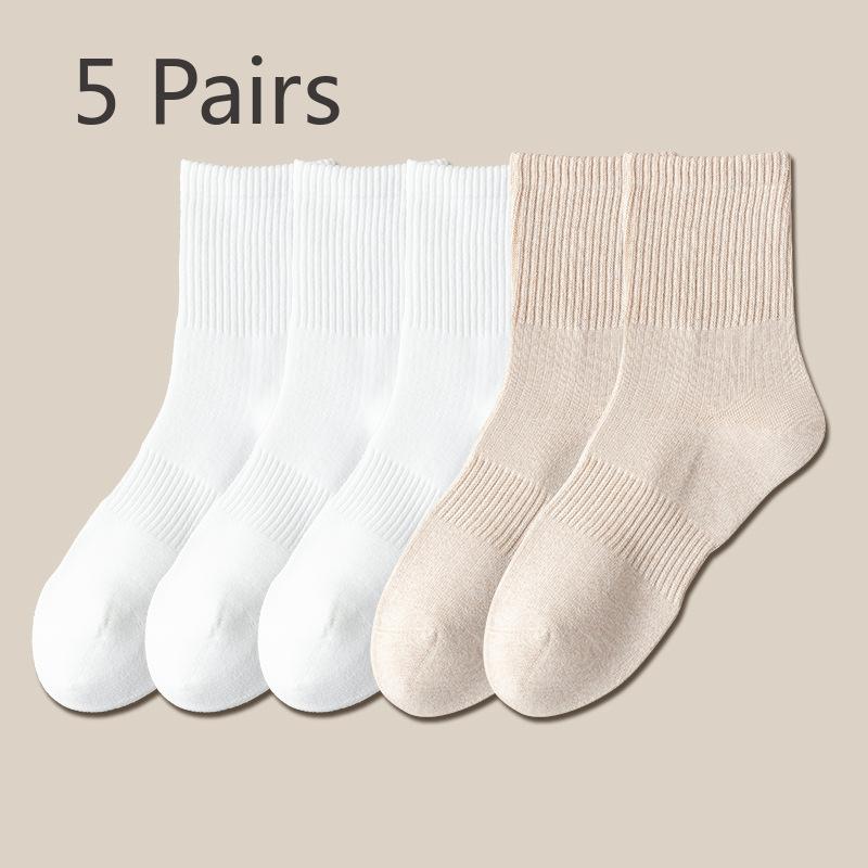 5 Pairs of Girls Spring and Autumn Pure Color Anti Pilling Boneless High Rubber Tube Socks