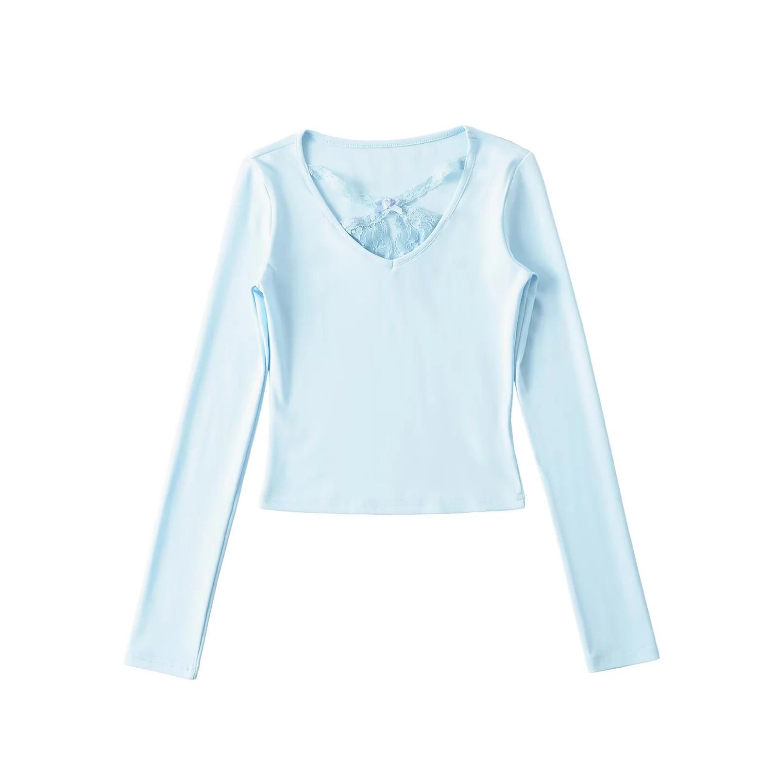 

Весна 2025 V-образный вырез Пэчворк Кружево Высокая талия Приталенный топ M светло-синий