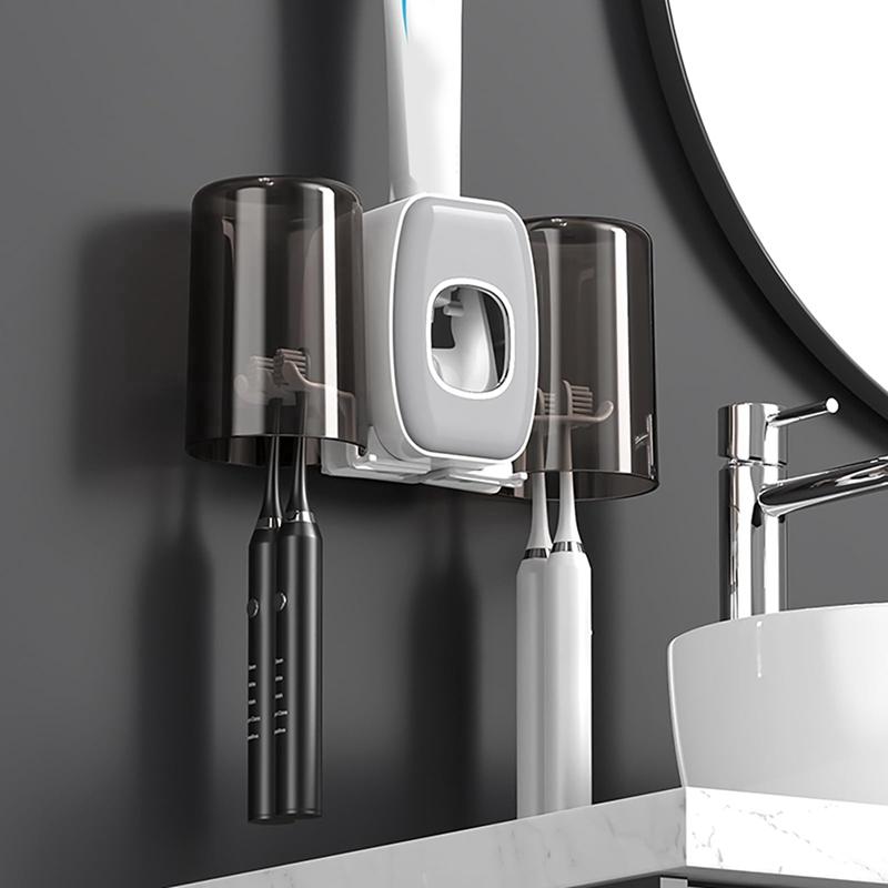 Wall Mounted Toothbrush Holder With Automatic Toothpaste Dispenser 4 Slots 2 Cups - No Drillin