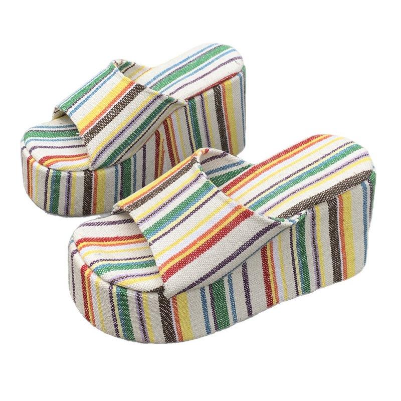 Women's Wide Width Stripe Slides, Platform Wedge Slippers, Autumn Outdoor Mules for Women