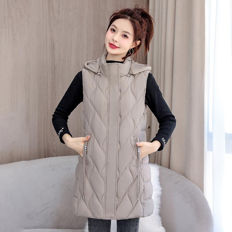 Cotton Vest Women's Medium and Long Live Hat Medium and Long Solid Color Cotton Vest Rhombus Temperament Thin Loose Vest