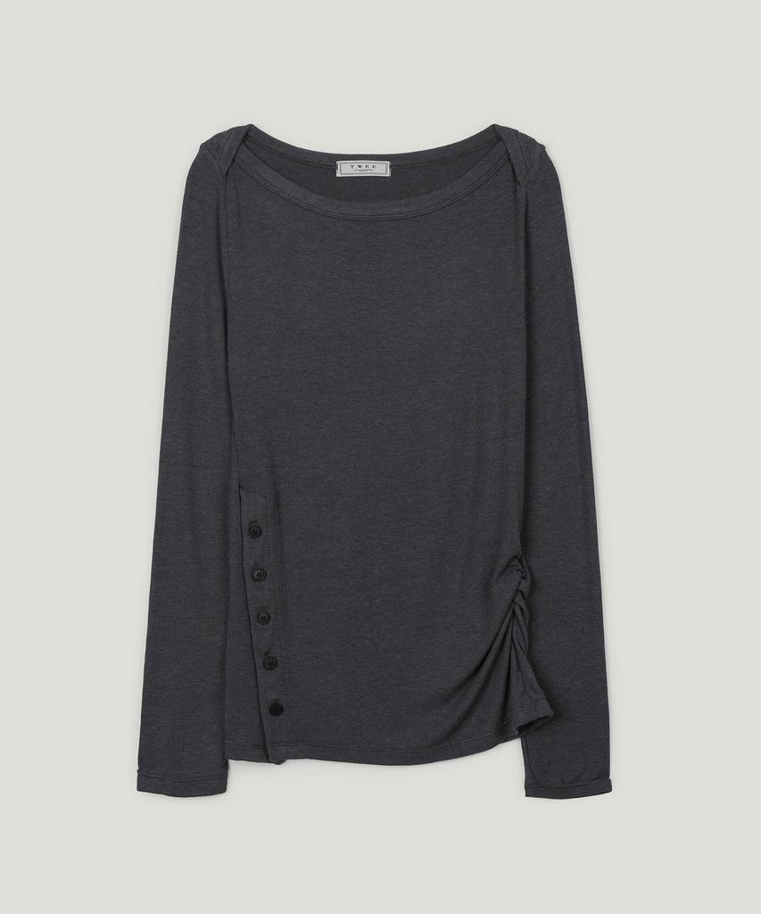 Teuwi Decol Asymmetrical Slit Boat Neck Long Sleeve T-Shirt