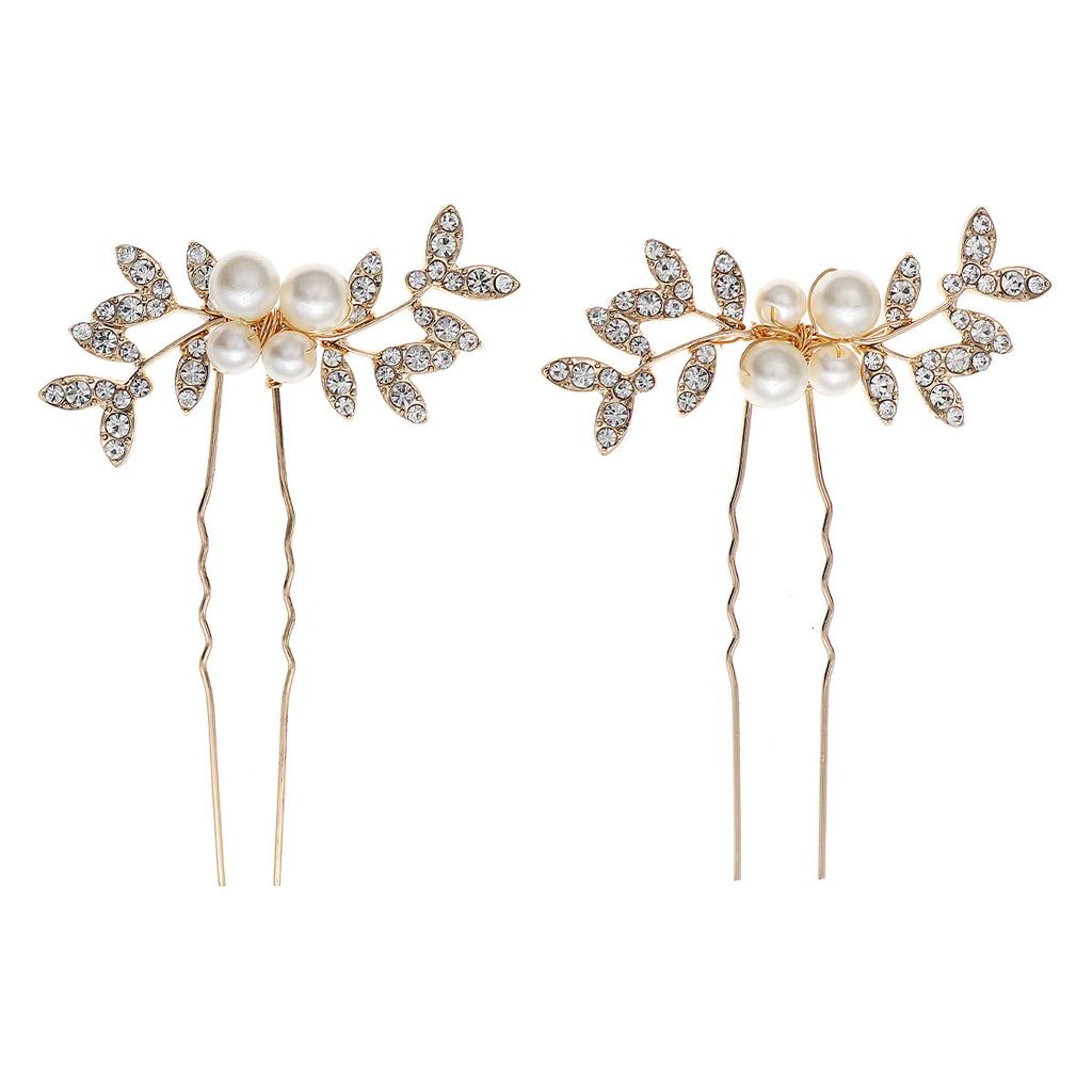 New Style Rhinestone Pearl Leaf Hairpin High-end Versatile Bridal Headwear U-shaped Hairpin Golden Hairpin for Women