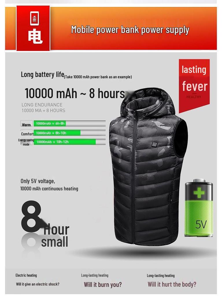 Pánská zimní vesta s kapucí a vyhříváním - Elektrická, Teplá, Bavlna, Plus Samet