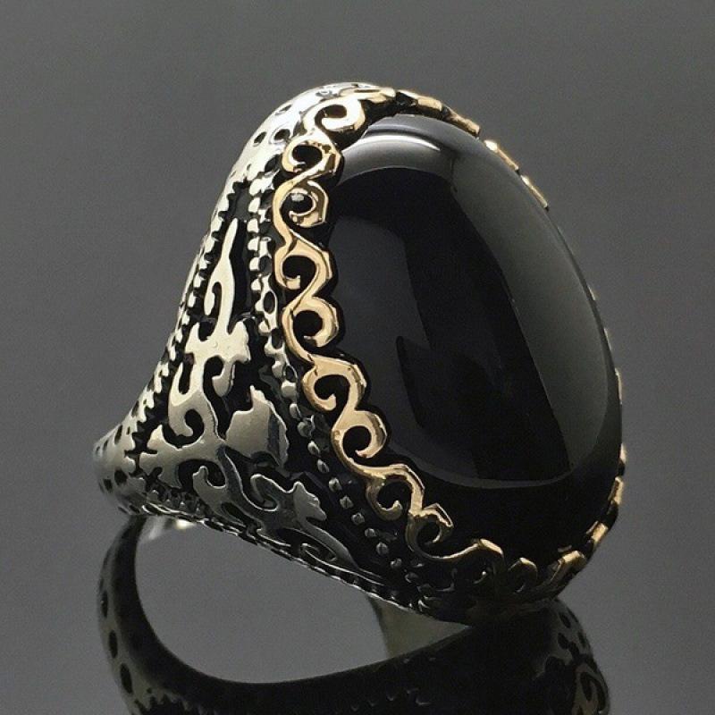 Vintage Sterling Silver 925 Ring with Large Natural Black Onyx Stone 10*14MM Oval Shape Fine Party Jewelry for Men.