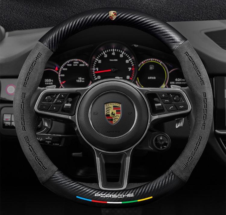 Dla Porsche Cayenne Panamera Macan Boxster Cayman 718 911 Samochodowa Antypoślizgowa Pokrowiec na Kierownicę z Zamszu i Włókna Węglowego Akcesoria Samochodowe