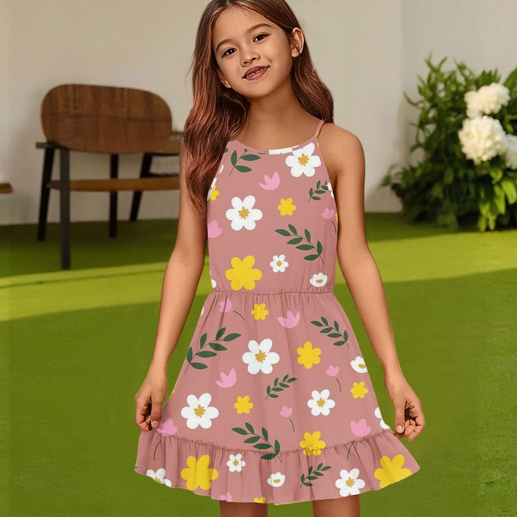 Abito Estivo Casual da Bambina con Scollo Rotondo, Monocolore e Senza Maniche