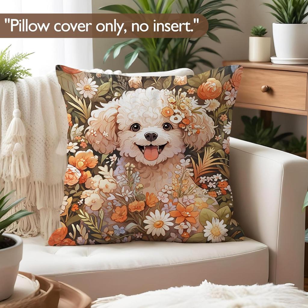 Bichon Frise Pillow Covers 18x18 inches, Vintage Floral Dog Throw Pillow Covers, Gifts for Dog Lover, Farmhouse Botanical Style Decorative