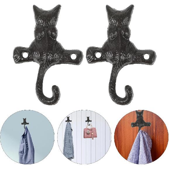 STOBAZA 2 Heavy Duty Coat Hook Cast Iron Cat Wall Hook,Decorative Hook Rustic Black Hooks,Single Key Hook Animal Wall Hanging Hook,Suitable for