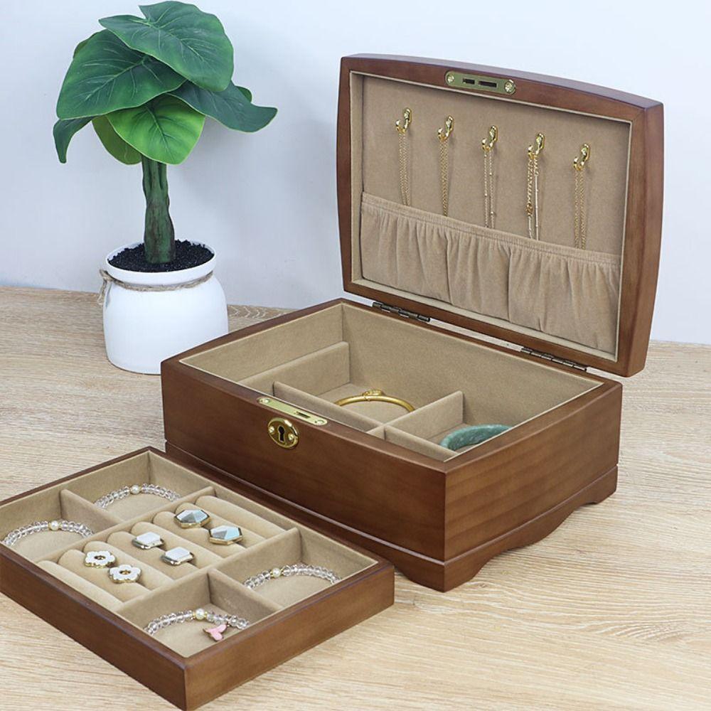 Luxury Jewelry Box with Lock Wooden Treasure Chest Case Vintage Trinket Storage Box  Decoration