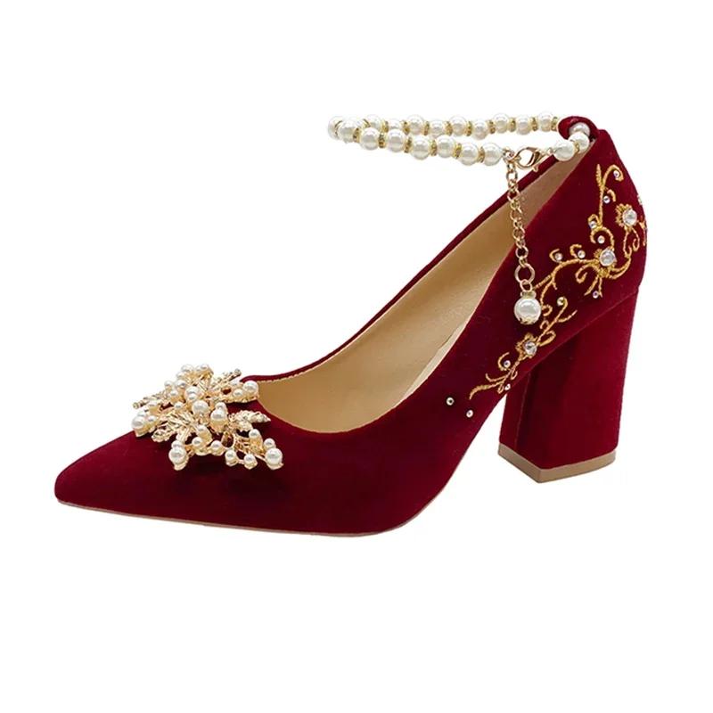 Fashion 2025 New Gold Embroidered Flowers Thick High Heels Women's Big String Bead Decor Wedding Pumps Woman Suede Point Toe Party Shoes