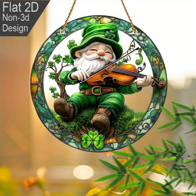 2D Flat St Patrick'S Day Gnome Fiddle Acrylic Decoration Sign, Shamrock Gnomes Design, Suitable for decoration, Wall, porch, Room, Villa, accents Home
