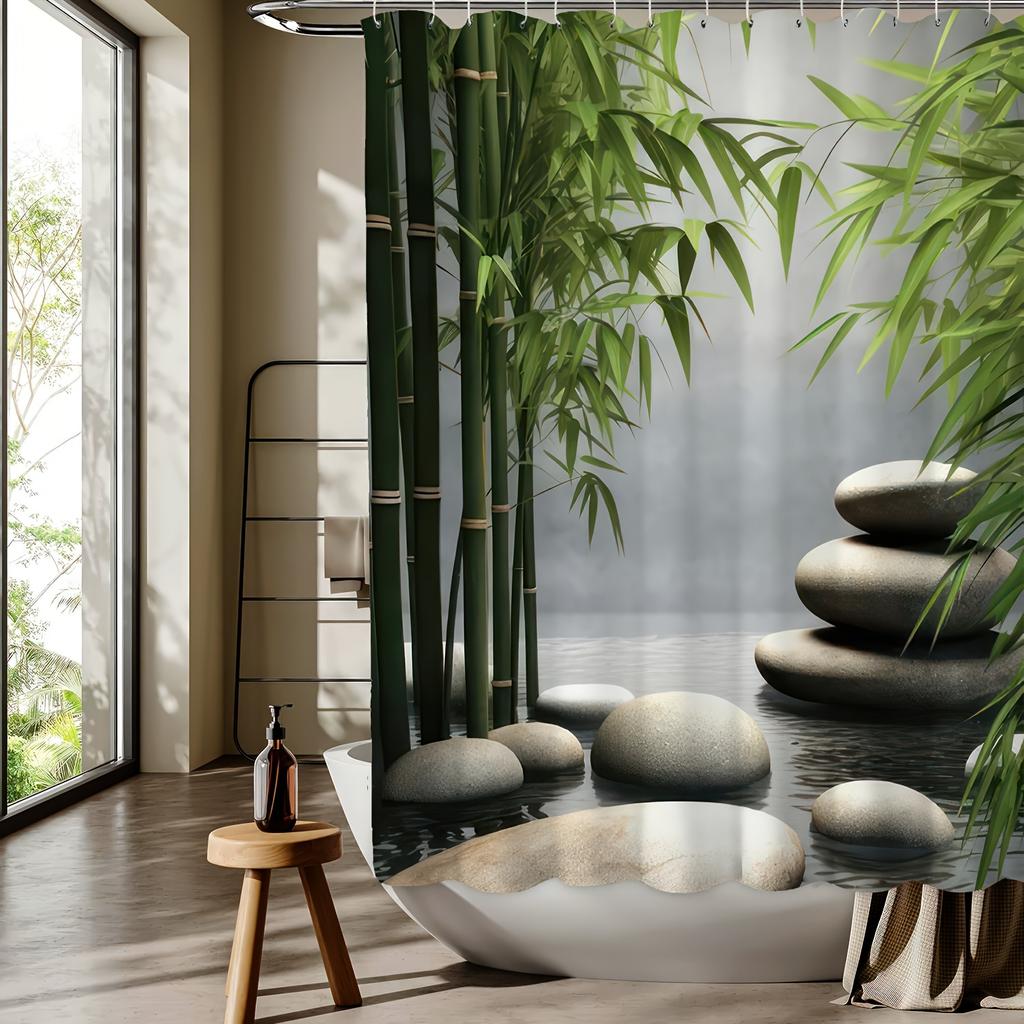 1pc Bamboo & Stone Print Shower Curtain - Polyester,  Serene Nature Design, Lush Bamboo & Sunlit Leaves, Modern Bath Decor
