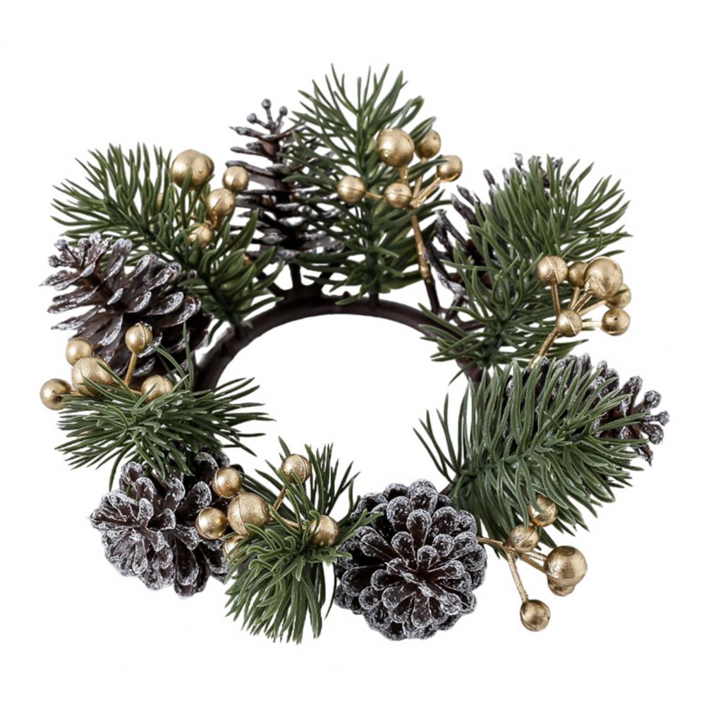 Christmas Candle Ring Artificial Pine Needle Pinecone Berries Garland Rustic Festive Candle Wreath for Home Table Decor