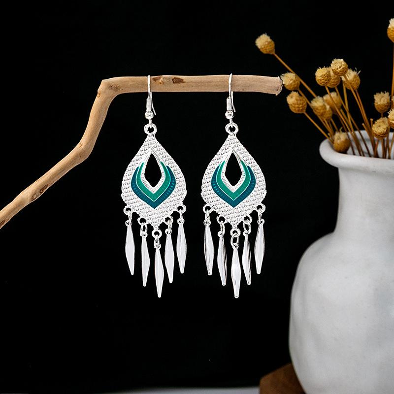 Ethnic Style Imitation Miao Silver Earrings, Colorful Long Fringed Chain Earrings, Hot-selling Earrings In Scenic Spots, Qinghe Jewelry Batches