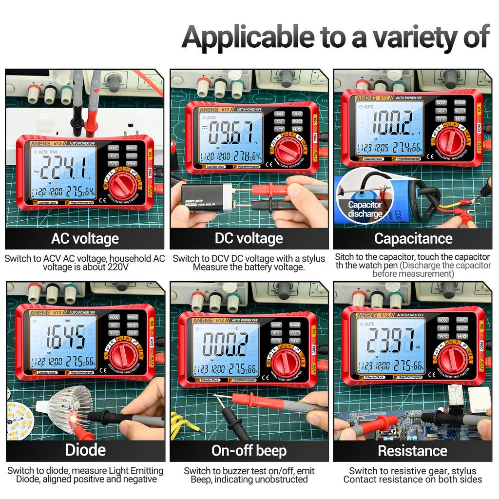 Aneng 612 Smart 3 In 1 Digital Multimeter Perpetual Calendar Temperature and Humidity Ammeter