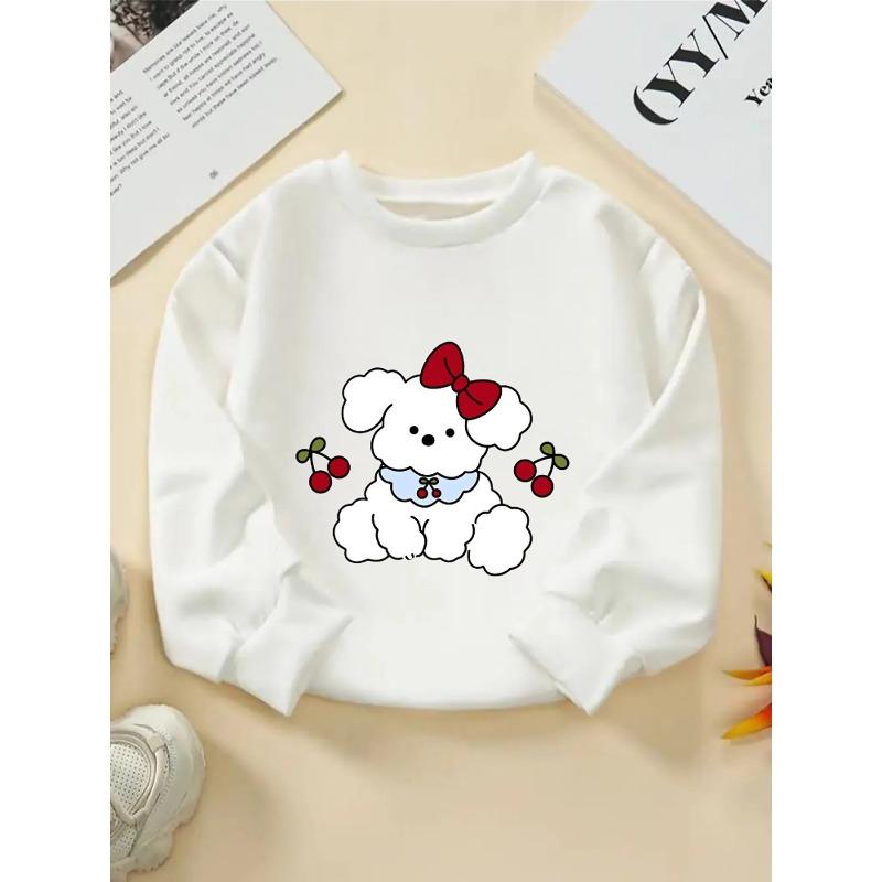 European sizes Kids  Crewneck Sweatshirt - White Puppy with Red Bow And Cherries, Sportswear And Casual Wear, Soft And Comfortable 110