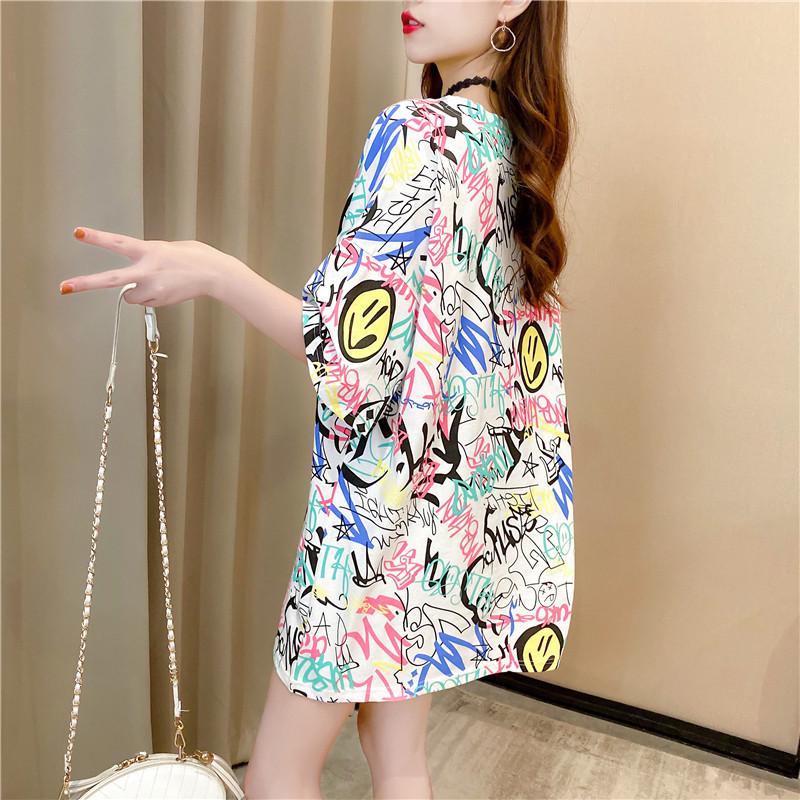 

Summer Korean Style Women s Short Sleeve T-Shirt Oversized Loose Fit Long-Length Graffiti Print Round Neck Top,Trendy Casual Tee,Comfortable Fashion one size білий