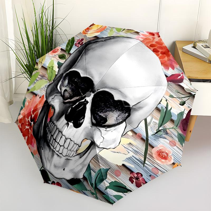 1pc Skull Floral Decor Folding Umbrella | Elegant Design, Fashionable Accessory, Durable Construction, Sturdy Ribs yy251107007