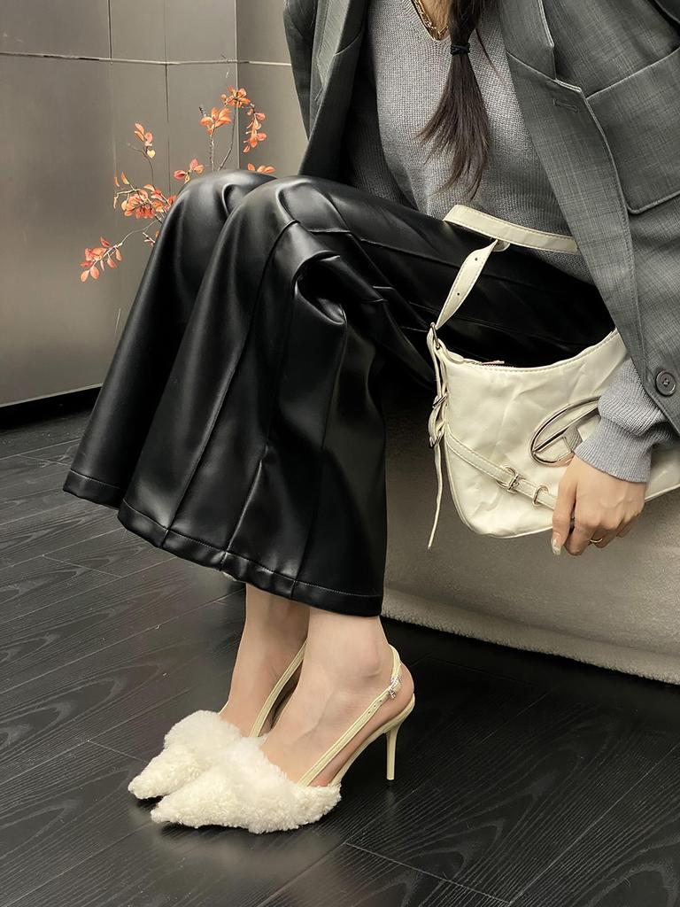 fashion Pointed Toe Women Sandals Summer Dress Shoes Back Strap Fur Fashion Thin High Heels Stiletto Fashion Dress Shoes Woman Size 40