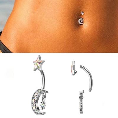 1 adet Seksi Yıldız Ay Göbek Piercing Nombril Kristal Cerrahi Çelik Göbek Göbek Halkaları Kadınlar için Kavisli Yüzük Vücut Takısı