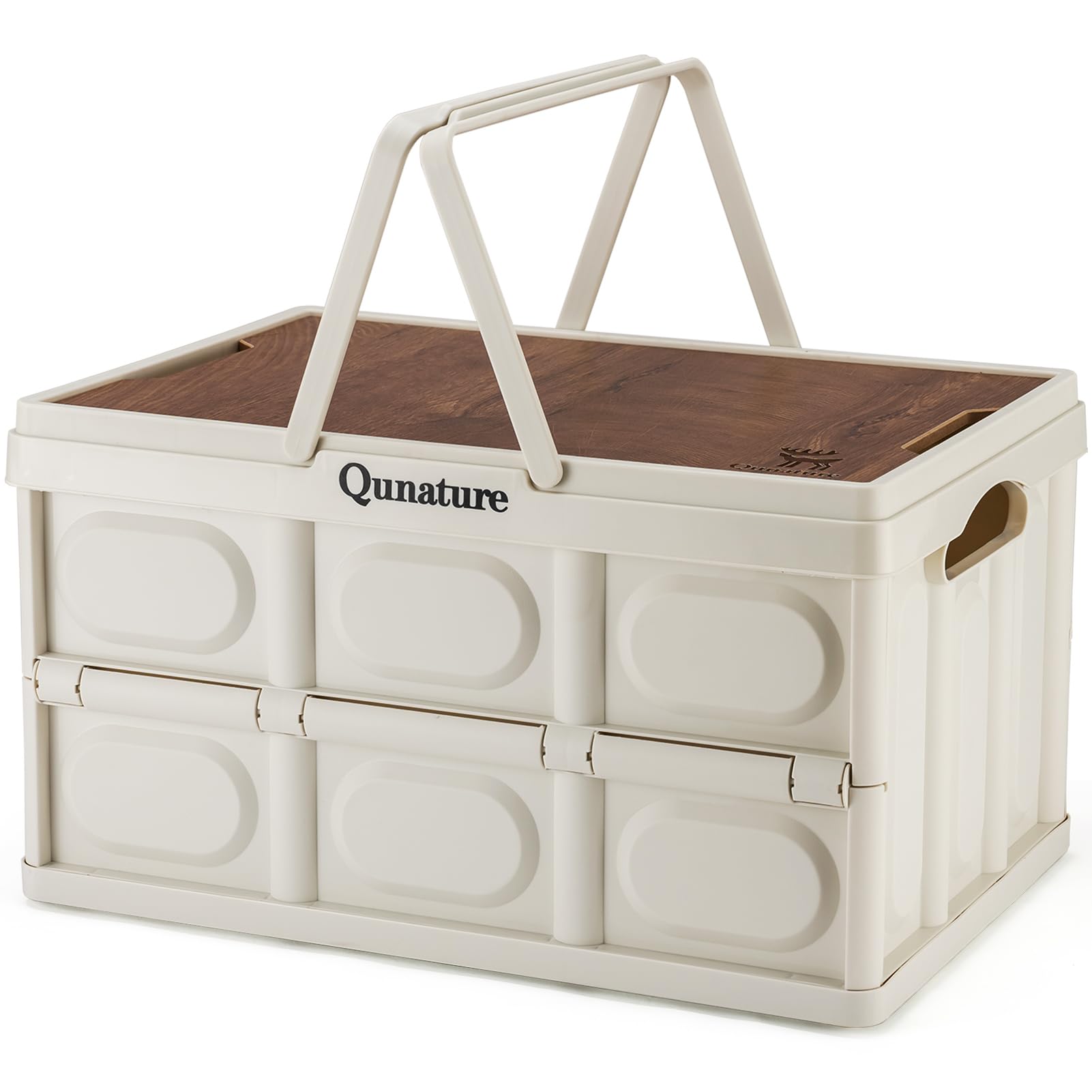 Qunature Foldable Container, 55L, Large Capacity with Handles, Camping Basket with Wooden Lid, Foldable Storage Box, Heavy-Duty Capacity, Stackable, E