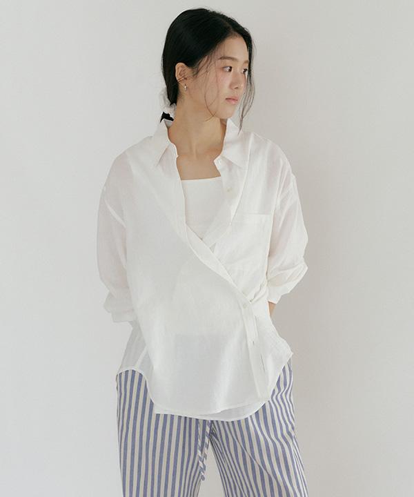Lingseoul Linen Bamboo Blended Wrap Shirt-White