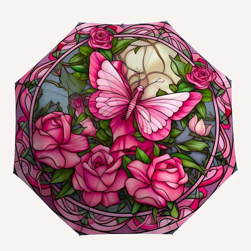 

1pc Butterfly Roses Stained Glass Automatic Open/Close Umbrella with Windproof, 8-Rib Sturdy Canopy, Durable Ribs, Ideal for Gifts yy251117043