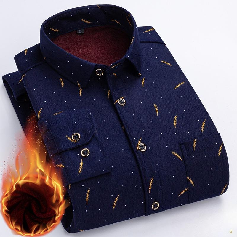 Men's Fleece-Lined Long-Sleeve Shirt Plaid Warm Thickened Shirt for Autumn and Winter