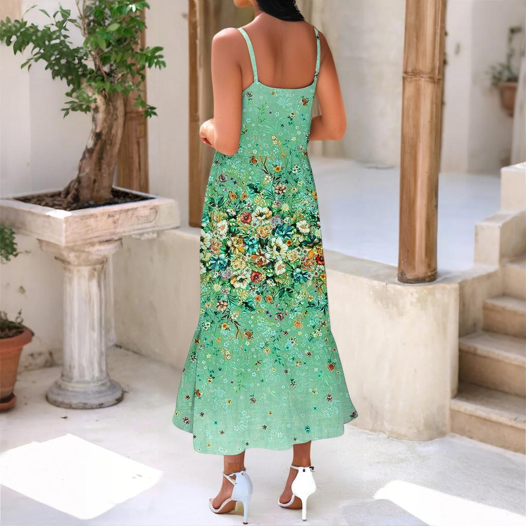 Dámské dlouhé plážové ležérní elegantní maxi šaty na špagetová ramínka s květinovým vzorem, decentní splývavé bohémské šaty