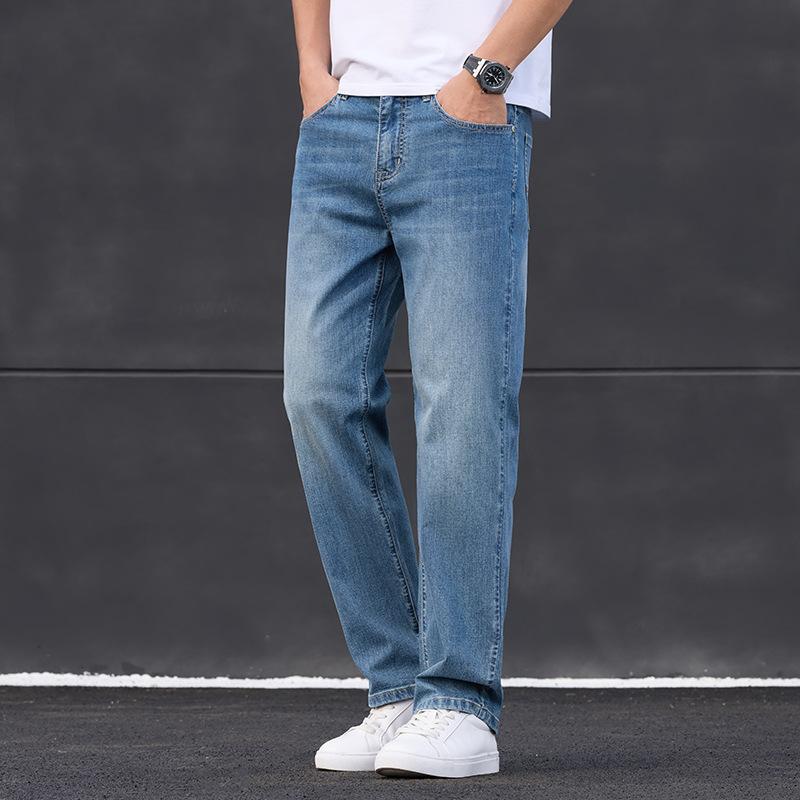 JYL Thin Jeans Men's Elastic Wide Straight New Wide Pants Daily Retro Pants.