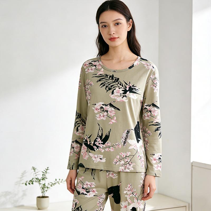 Spring and Autumn women's cartoon pajamas, pink girl cat print long-sleeved suit, loose loungewear