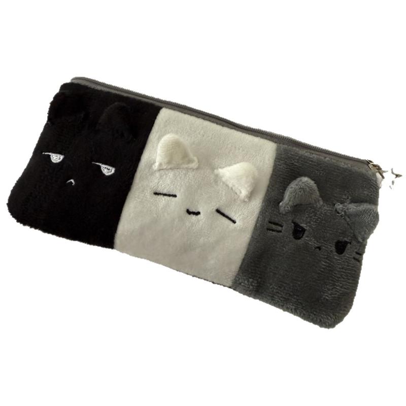 1Pcs Black White And Gray Kitten Pencil Case Plush Cute Cat Storage Bag Large Capacity Cartoon Stationery Case For Student