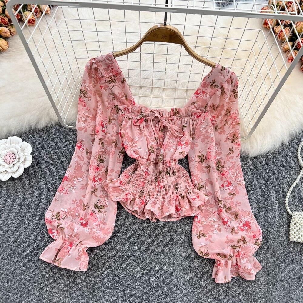 

Весна 2022, корейская винтажная шифоновая блузка с квадратным вырезом и рукавами-пузырьками, женская экзотическая короткая блузка с цветочным принтом