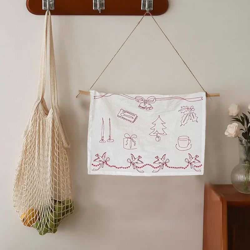 1Pc Cotton Christmas Cover Cloth Photography Props Christmas Pattern Decorative Cloth Embroidery Meal Mat Background Cloth