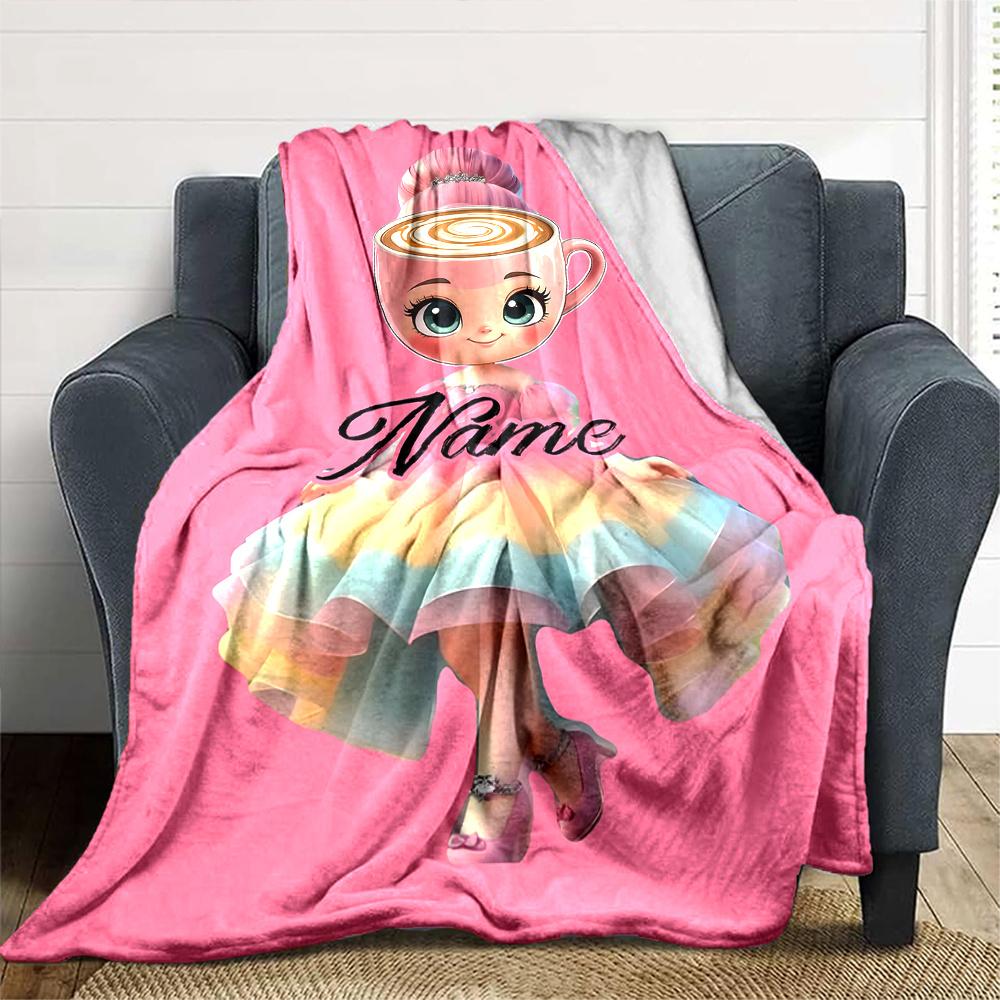 Cute Ballerina In Pastel Dress With Coffee Cup Gift Personalized Blanket Personalized Text Warmthful Decor For Sofa Couch Office Bed Picnics Ideal For