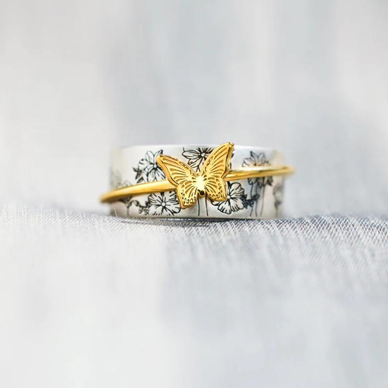 Huitan Creative Rounding Butterfly Ring for Women Punk Gothic Black Flower Caved Finger Rings Chic Girls Accessory Retro Jewelry